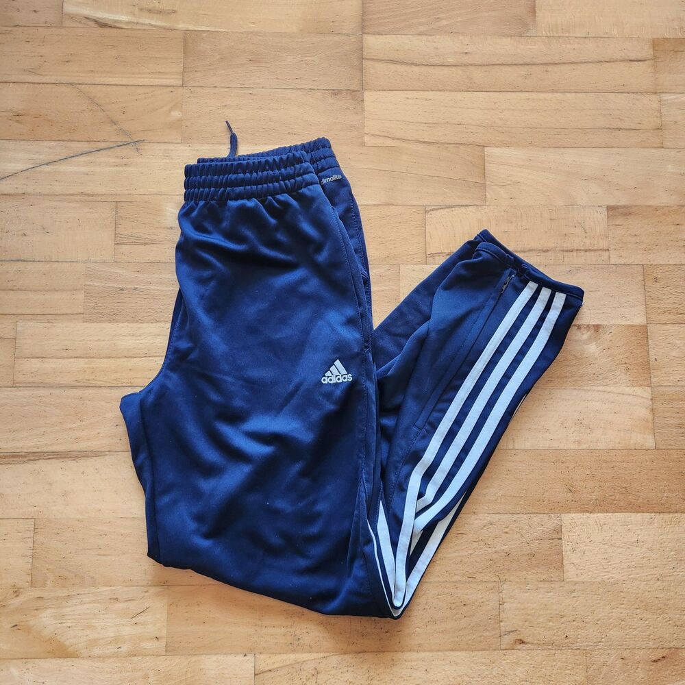 Adidas Climalite Navy Blue Track Pants, Joggers, White Stripes Youth Large 14/16